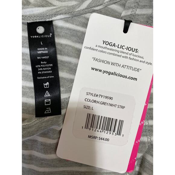 Yogalicious Womens Slit Back Heather Gray White Striped Tank Top NEW Large - Picture 6 of 9
